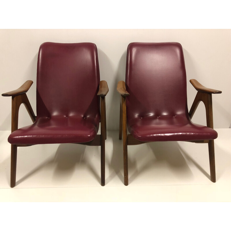 Set of 2 vintage burgundy armchairs by Louis van Teeffelen for WéBé