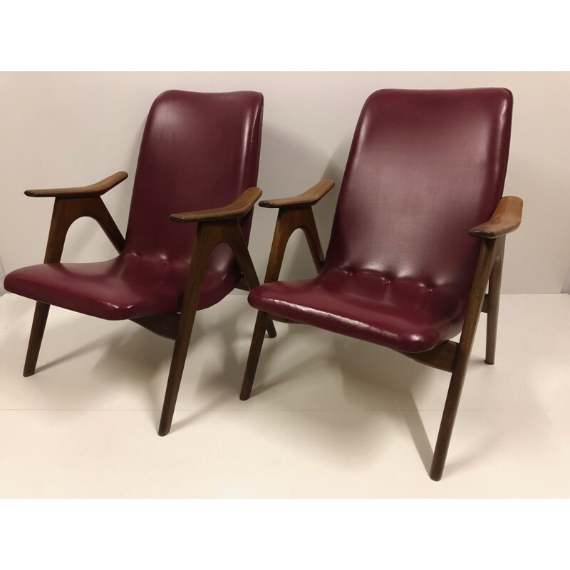 Set of 2 vintage burgundy armchairs by Louis van Teeffelen for WéBé