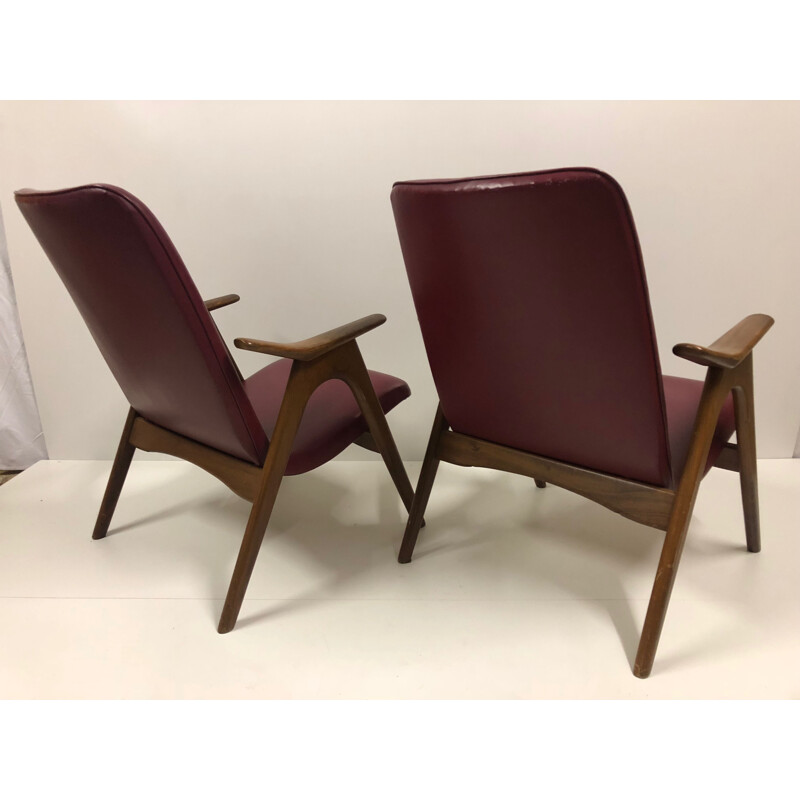 Suite di 2 poltrone vintage bordeaux di Louis van Teeffelen per WéBé