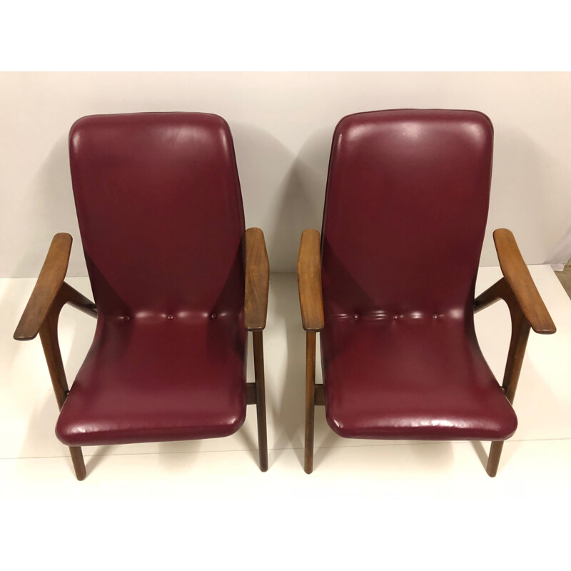 Set of 2 vintage burgundy armchairs by Louis van Teeffelen for WéBé