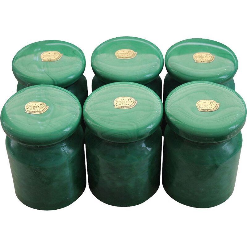 Set of six Malachite Glass Containers