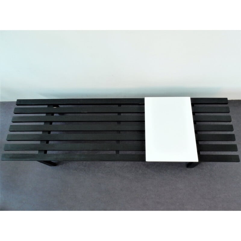 Vintage Dutch black bench "BZ82" with sliding shelf by Martin Visser for 't Spectrum