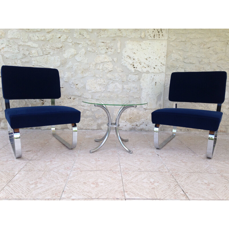 Set of 2 vintage blue lounge chairs in metal