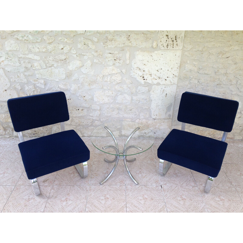 Set of 2 vintage blue lounge chairs in metal