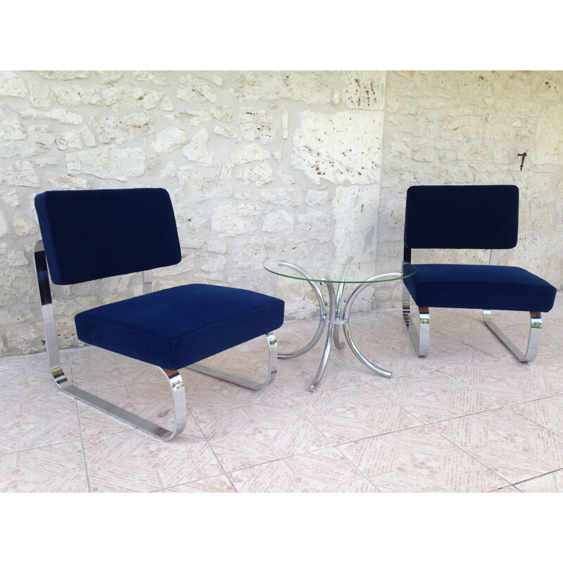 Set of 2 vintage blue lounge chairs in metal