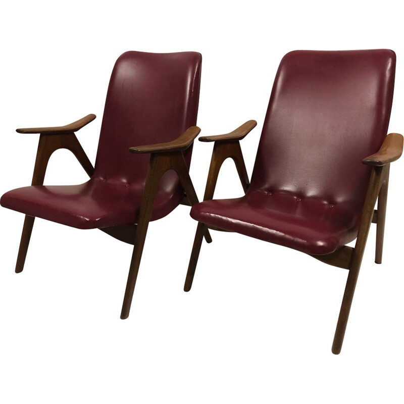 Suite van 2 vintage bordeauxrode fauteuils van Louis van Teeffelen voor WéBé