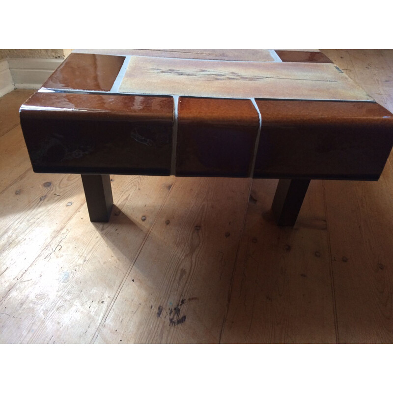 Table basse vintage avec des tuiles de Garrigue par Roger Capron