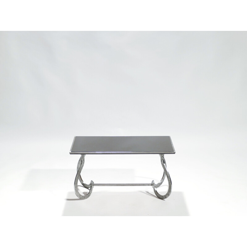 Vintage coffee table in polished iron and opaline