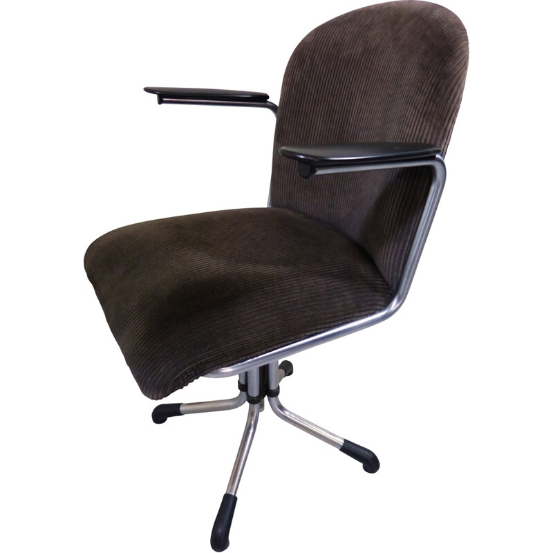 Fauteuil modèle 356 en métal chromé, bakélite et tissu marron, édition Gispen - 1950