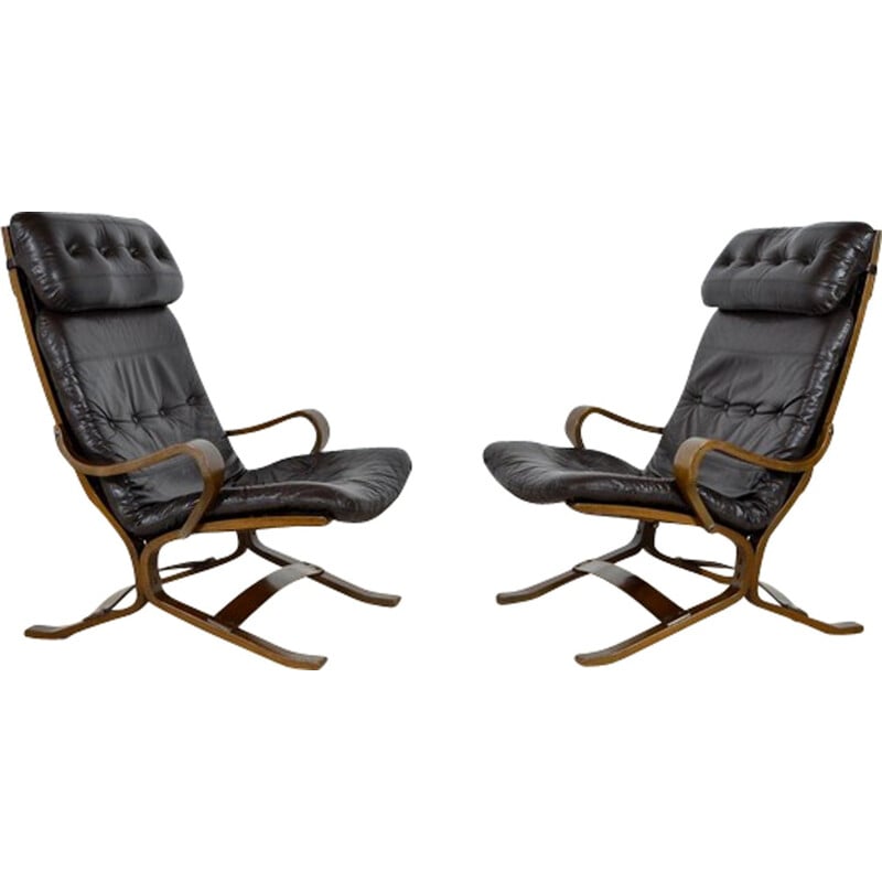 Pair of Siesta armchairs in brown leather and wood, Ingmar RELLING - 1960s