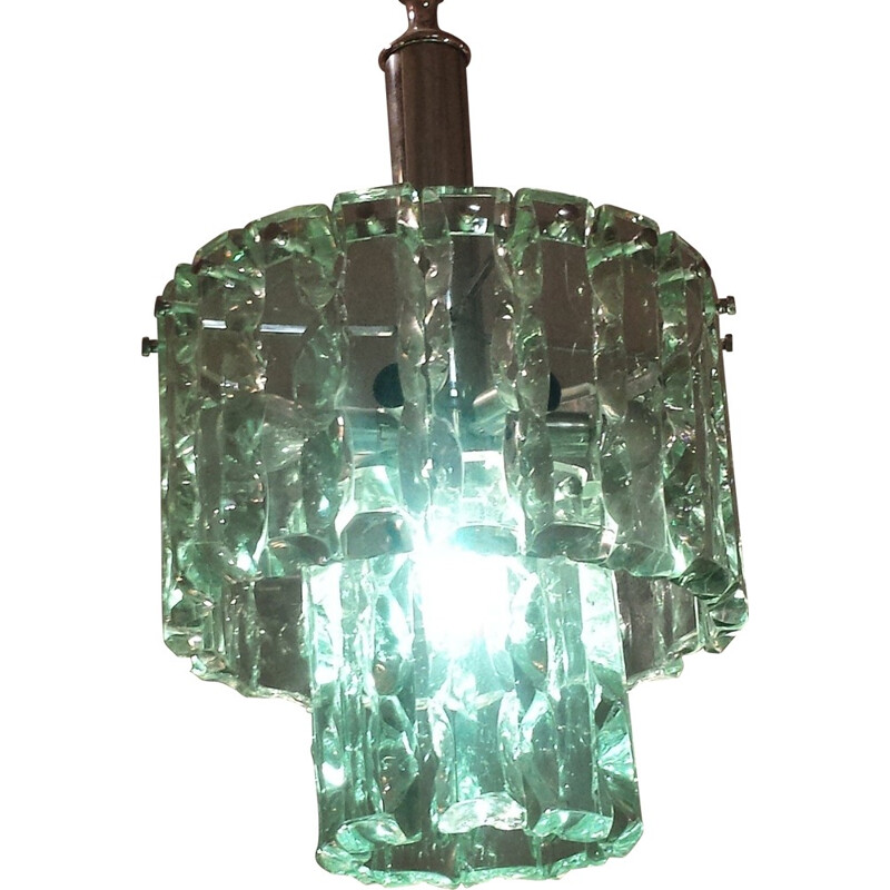 Vintage hanging lamp in glass and chromed metal, edition Fontana Arte - 1960s