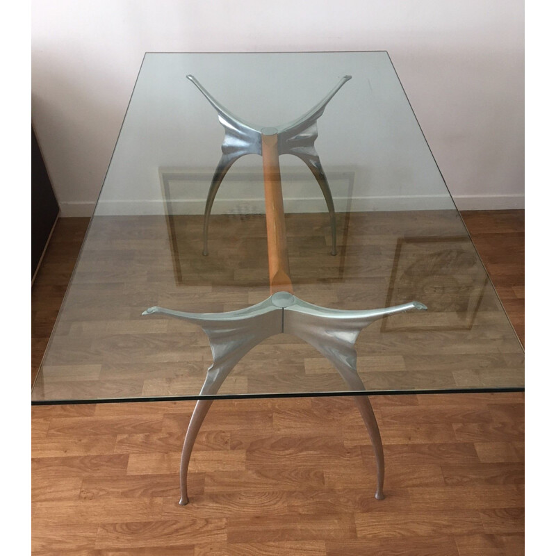 Vintage desk aluminum polished and beech, Bernard Dequet for Protis