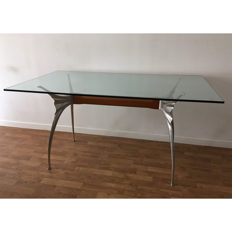 Vintage desk aluminum polished and beech, Bernard Dequet for Protis