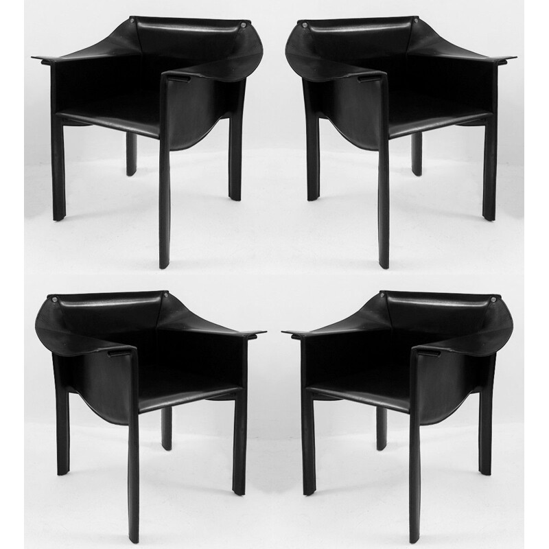 Set of 4 vintage armchairs in black leather by Enrico Pellizzoni