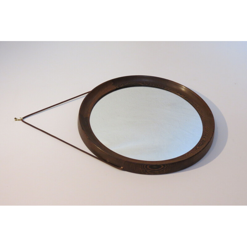 Vintage round hanging mirror in wenge by Uno & Osten Kristiansson