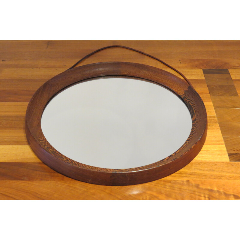 Vintage round hanging mirror in wenge by Uno & Osten Kristiansson