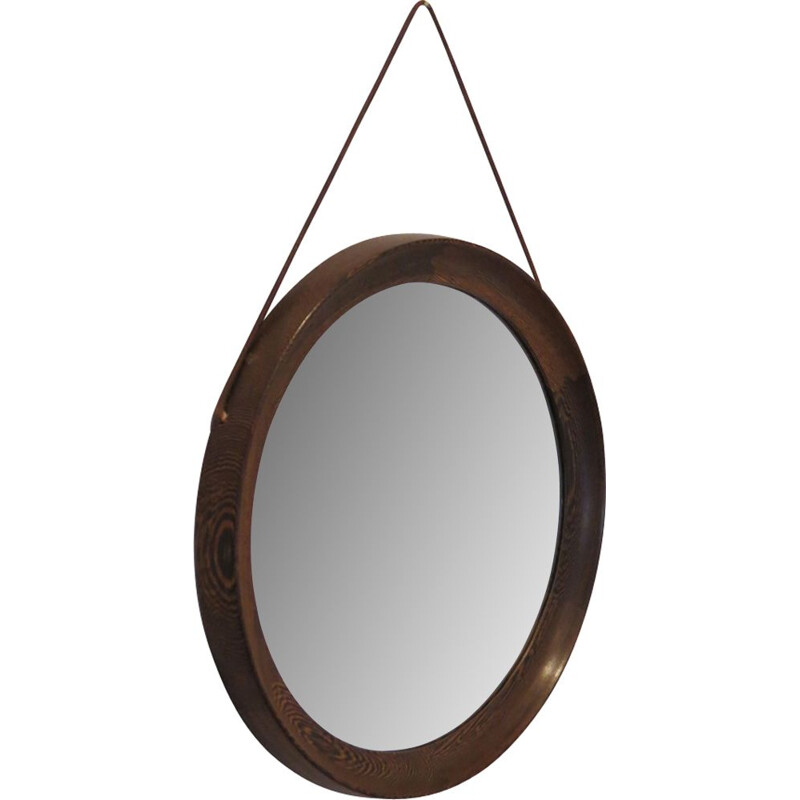 Vintage round hanging mirror in wenge by Uno & Osten Kristiansson