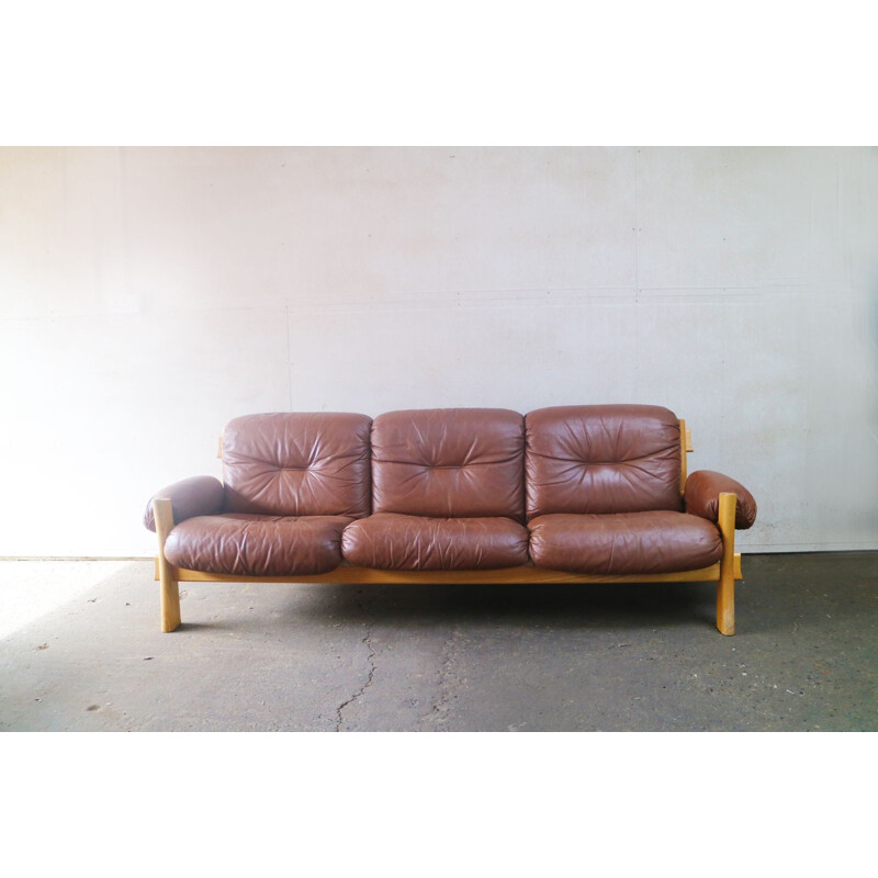 Vintage danish 3-seater sofa in  brown leather & pine