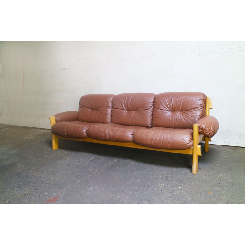 Vintage danish 3-seater sofa in  brown leather & pine