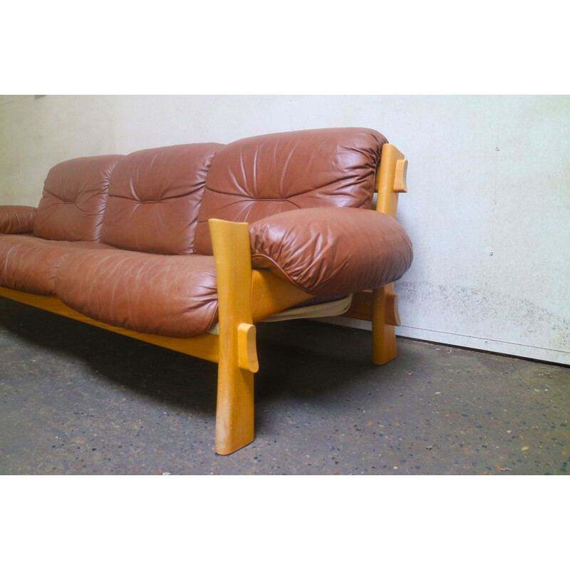 Vintage danish 3-seater sofa in  brown leather & pine