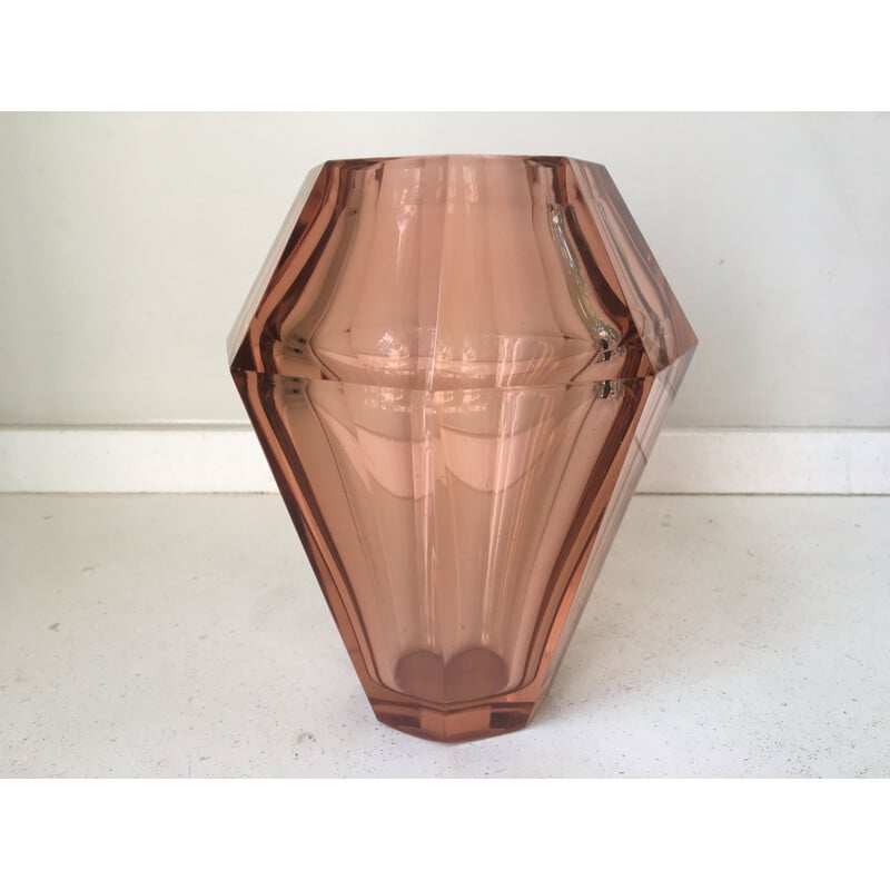 Vase vintage francais rosé transparent par Muller Frères Lunéville 