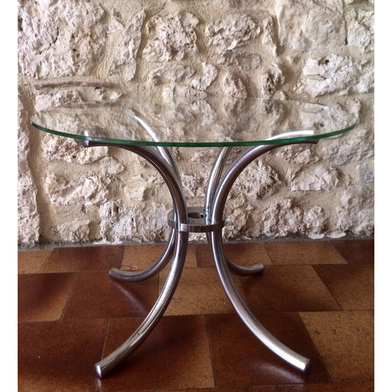 Vintage French side table in chrome with glass top