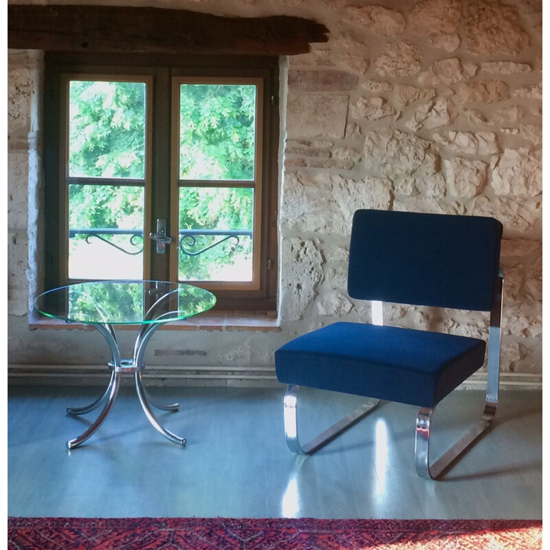 Vintage French side table in chrome with glass top