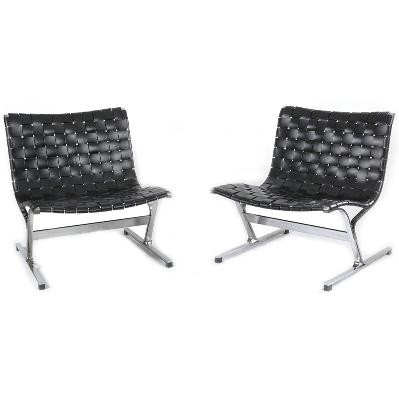 Pair of Luar armchairs in black leather and steel, Ross LITTELL - 1970s