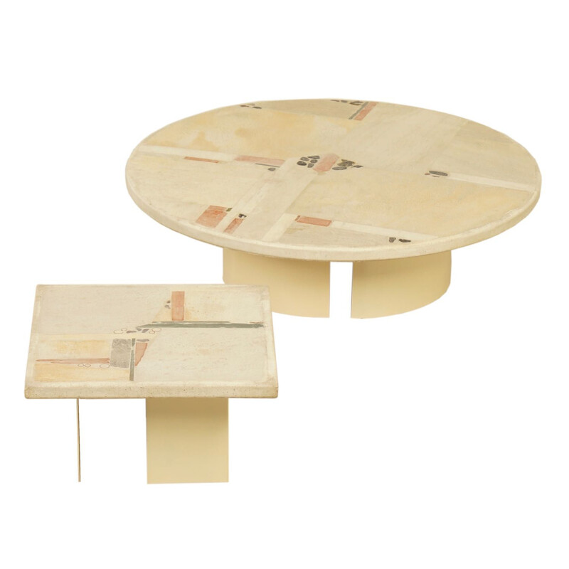 Set of 2 Coffee Tables in white Stone by Paul Kingma