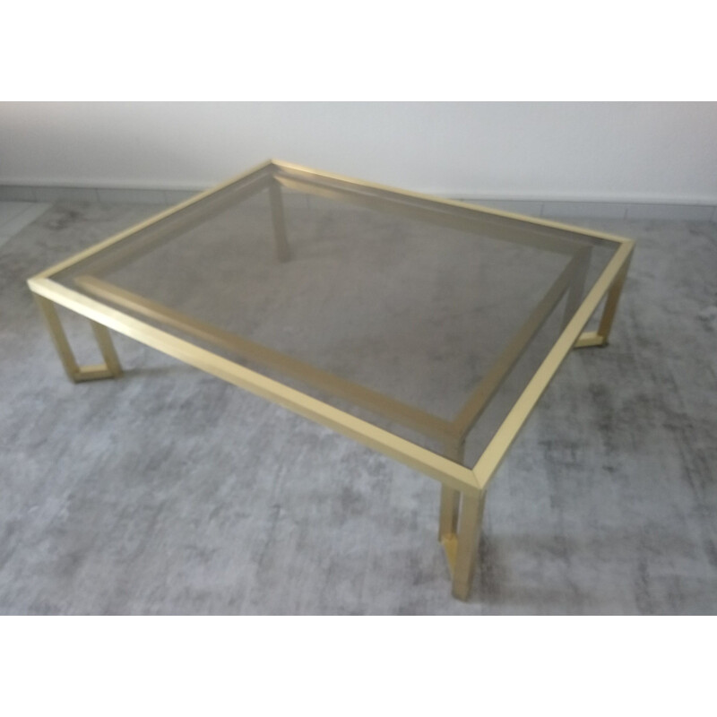 Vintage Italian coffee table in golden metal and smoked glass