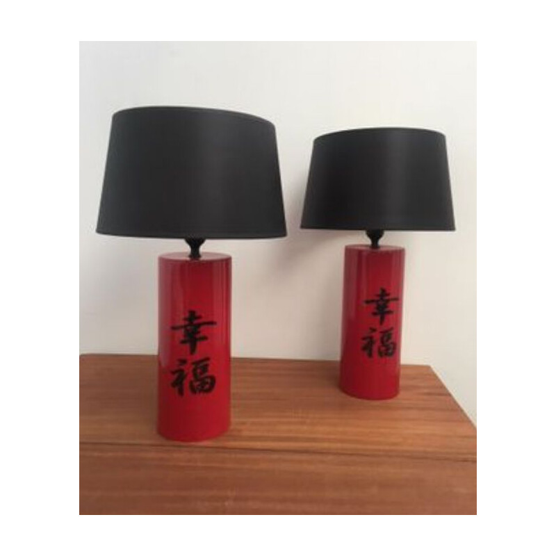 Set of 2 vintage table lamps in red ceramic