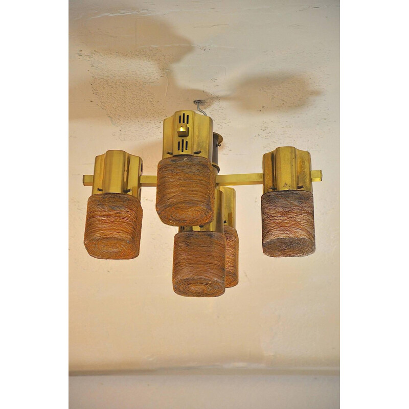 Vintage ceiling lamp in brass and glass - 1960s