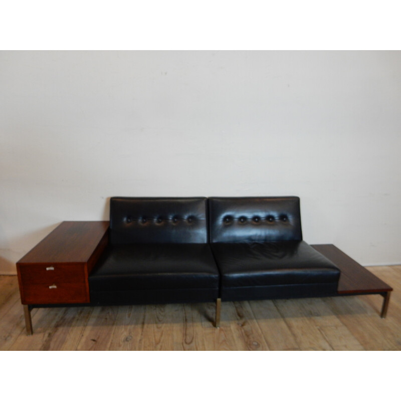 Modular 2-seater sofa in black leather, Rio rosewood and metal, Georges NELSON - 1960s