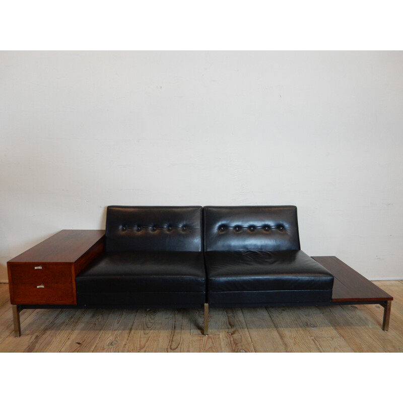 Modular 2-seater sofa in black leather, Rio rosewood and metal, Georges NELSON - 1960s