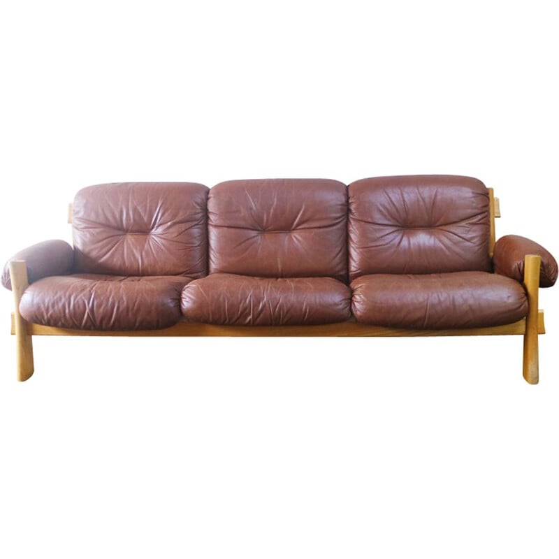 Vintage danish 3-seater sofa in  brown leather & pine