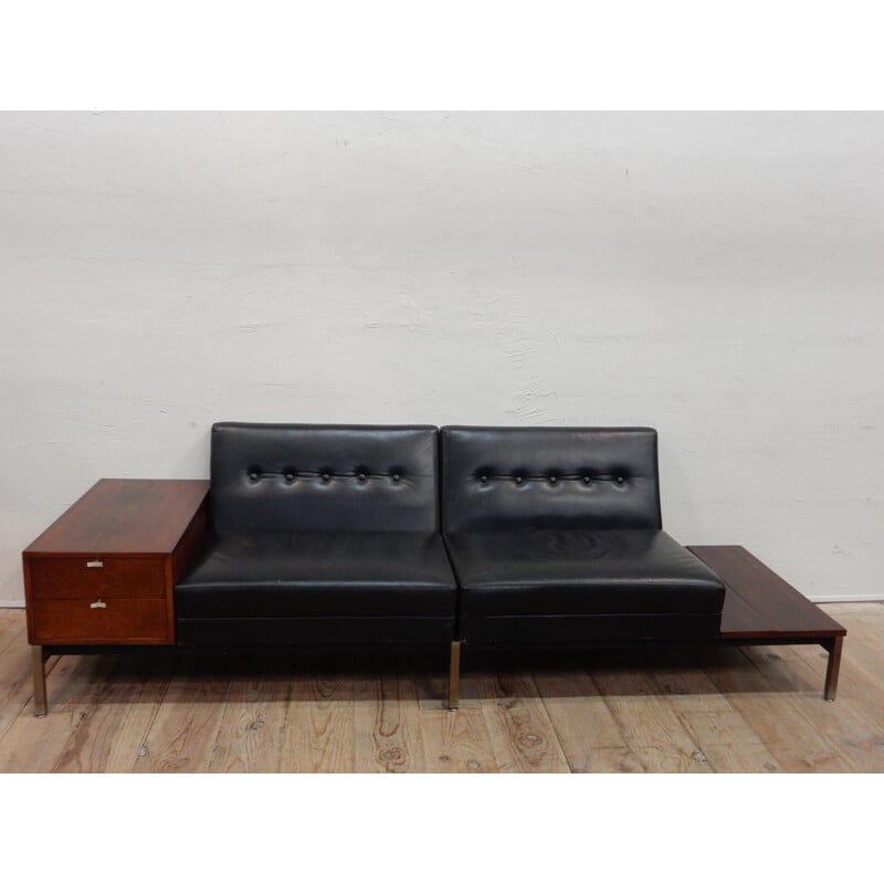 Modular 2-seater sofa in black leather, Rio rosewood and metal, Georges NELSON - 1960s