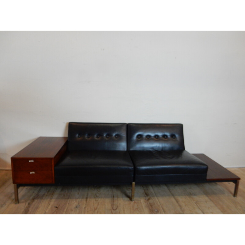 Modular 2-seater sofa in black leather, Rio rosewood and metal, Georges NELSON - 1960s