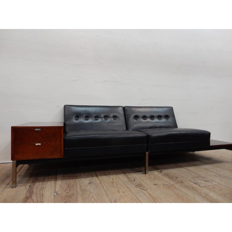 Modular 2-seater sofa in black leather, Rio rosewood and metal, Georges NELSON - 1960s