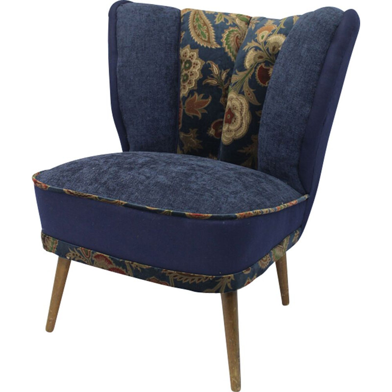 Fauteuil vintage français en tissu camaïeux de bleu