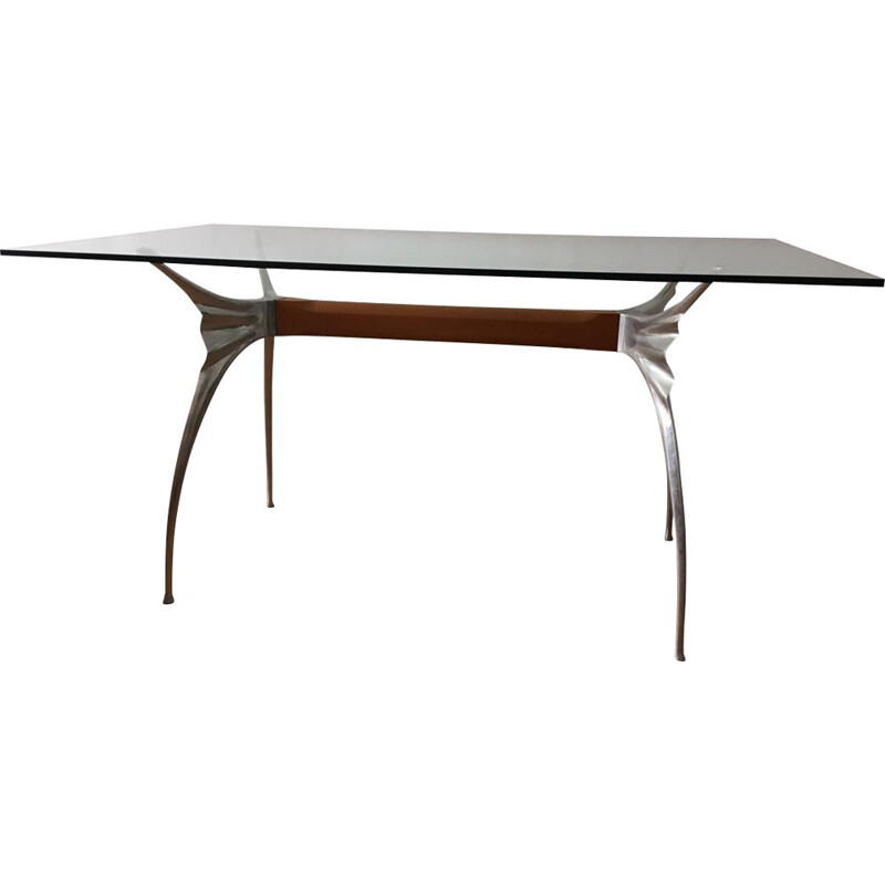 Vintage desk aluminum polished and beech, Bernard Dequet for Protis