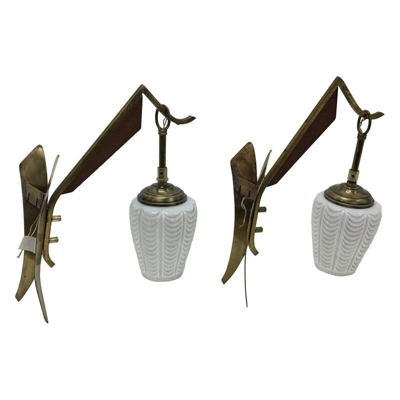 Vintage set of 2 modern wall sconces in teak brass and white glass