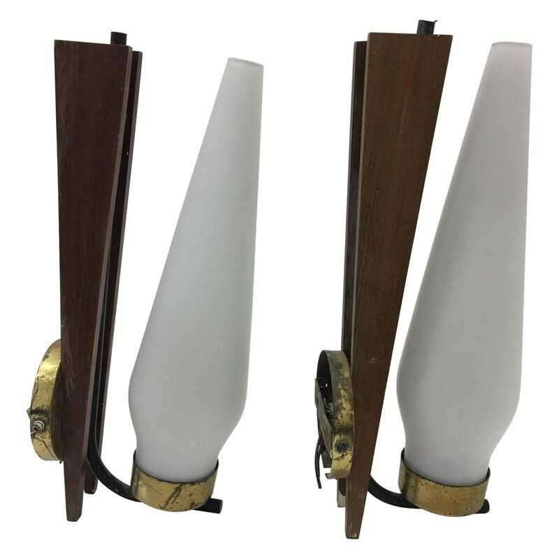 Vintage set of 2 Italian wall sconces in teak and brass