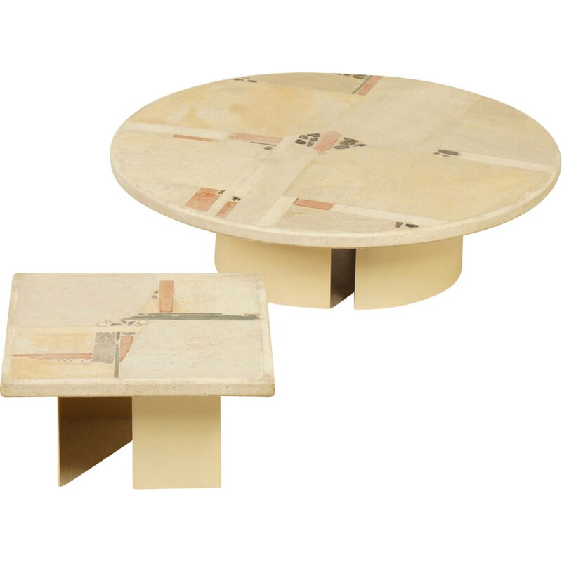 Set of 2 Coffee Tables in white Stone by Paul Kingma