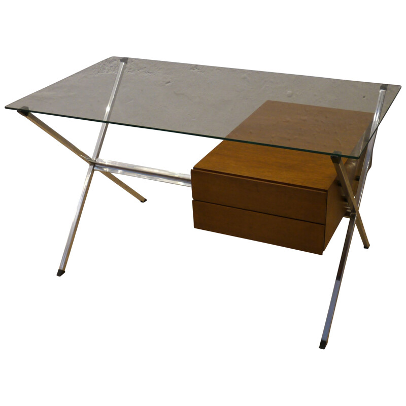 Desk in teak, glass and chrome metal, Franco ALBINI - 1970s