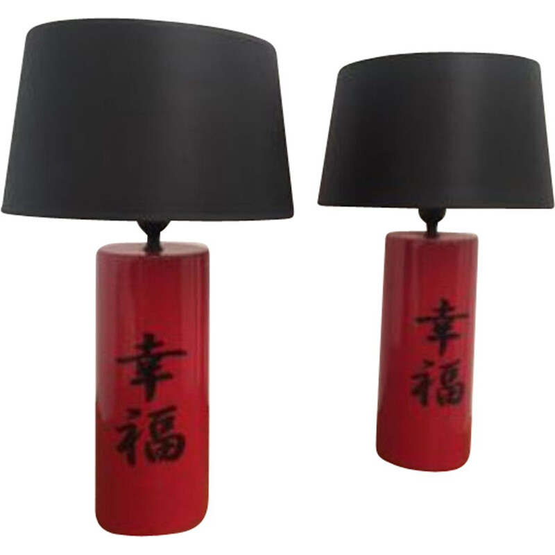 Set of 2 vintage table lamps in red ceramic