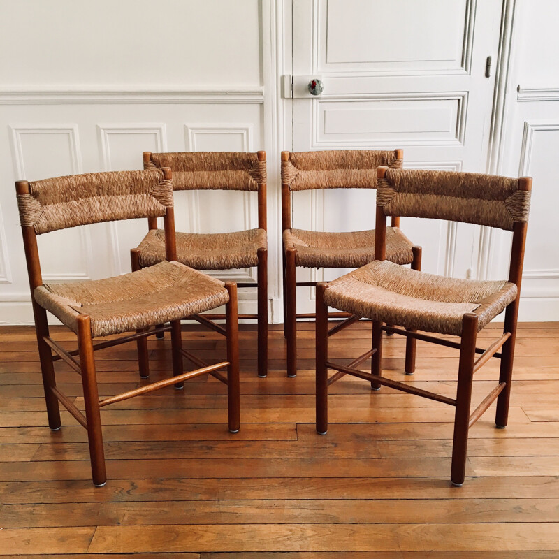 Set of 4 vintage French chairs in wood and straw