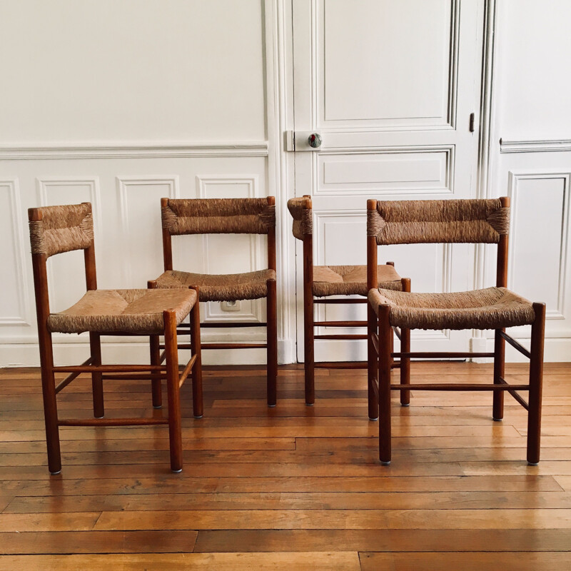 Set of 4 vintage French chairs in wood and straw