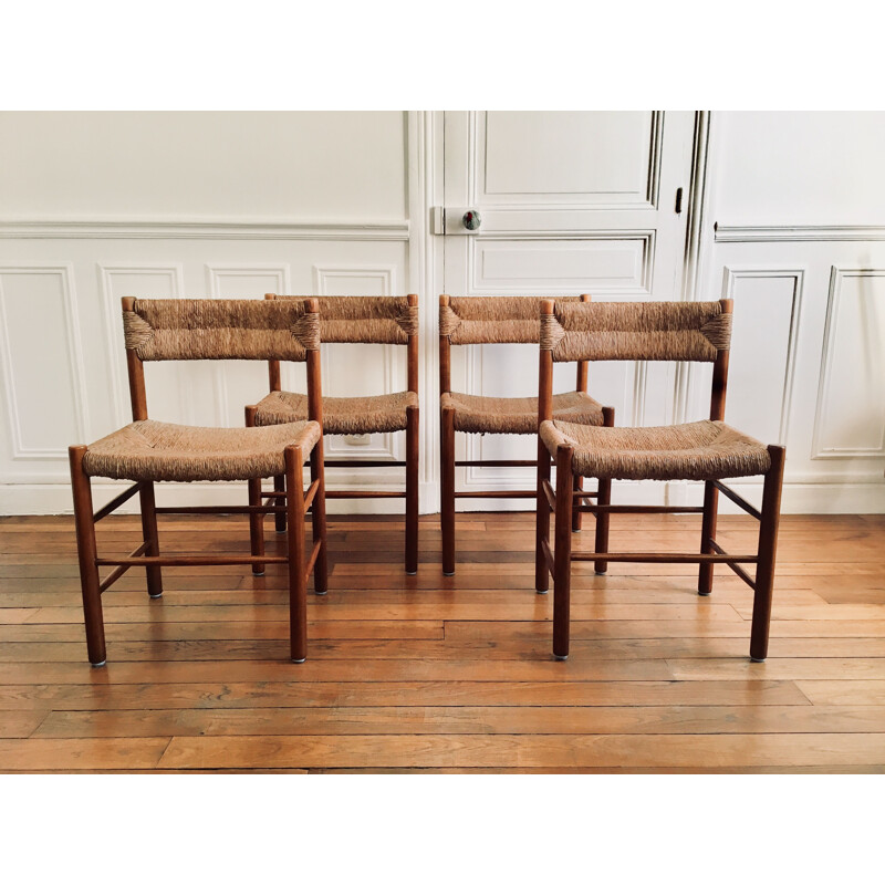 Set of 4 vintage French chairs in wood and straw