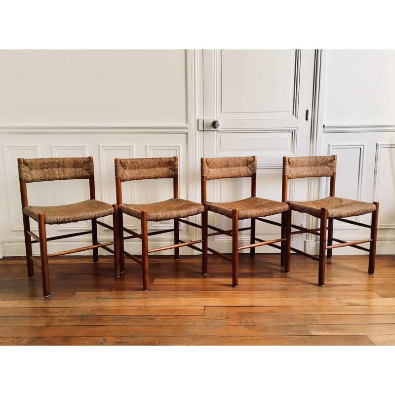 Suite de 4 chaises vintage français en bois et paille