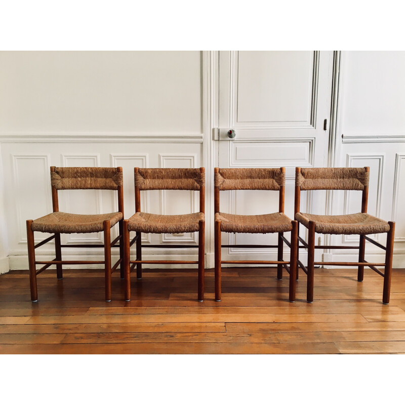 Set of 4 vintage French chairs in wood and straw